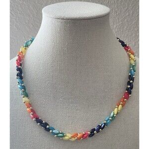 Rainbow Glass Bead Gold Tone Barrel Clasp Vintage Necklace